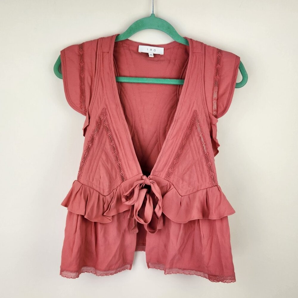 IRO Paris Brone Tie Front Ruffle Top Pink sz FR 40/ US 8